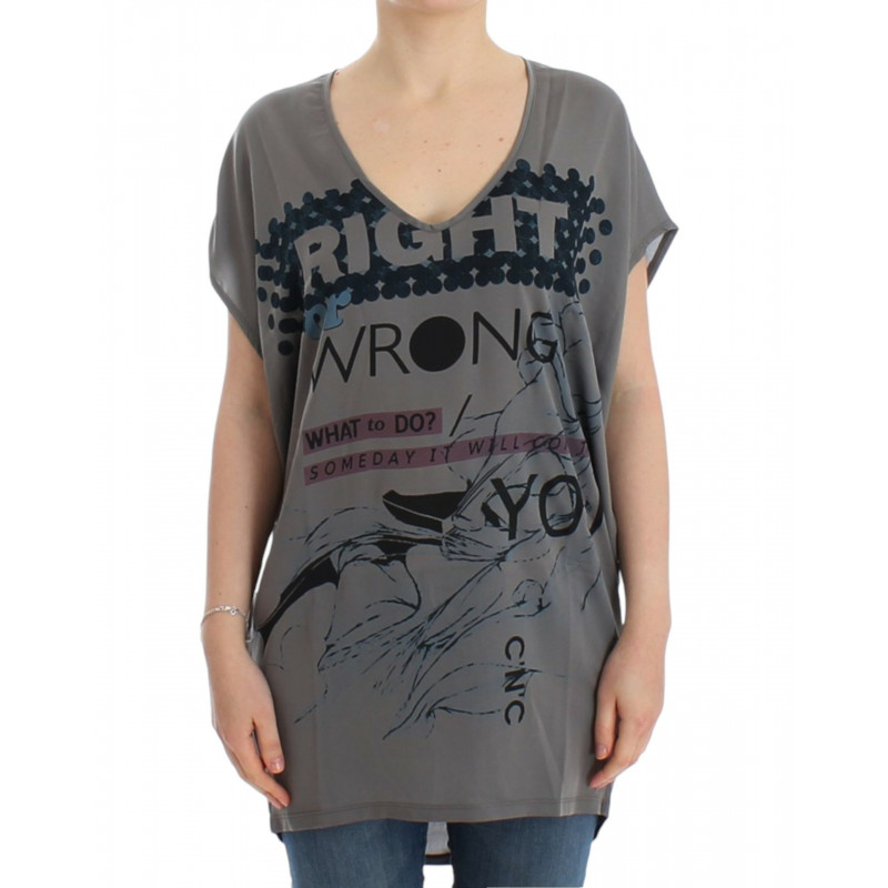T-shirt lunga grigia con scollo a V - M