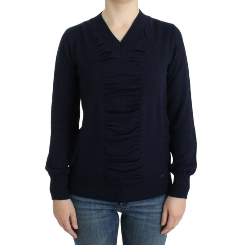 Maglione in lana blu scuro con scollo a V - XS