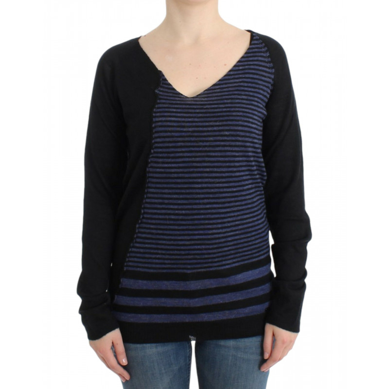 Maglione scollo a V a righe nere - M