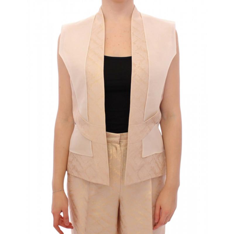 Gilet giacca senza maniche in broccato beige - IT40-S
