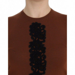Top in maglione con gilet in pizzo nero di lana marrone - IT38-XS