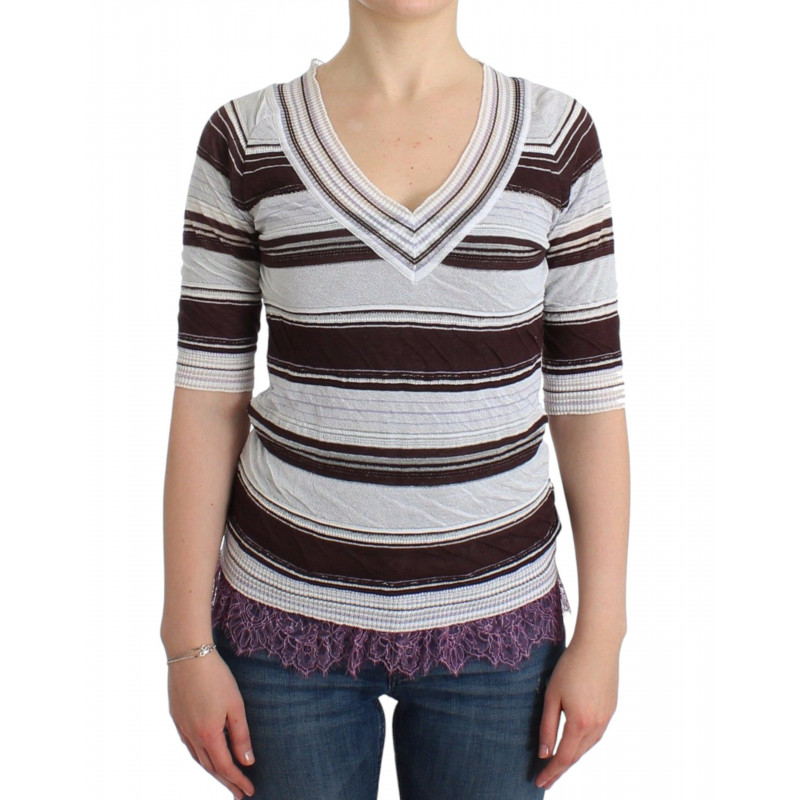 Maglione a maniche corte con scollo a V in pizzo a righe - IT42 - S