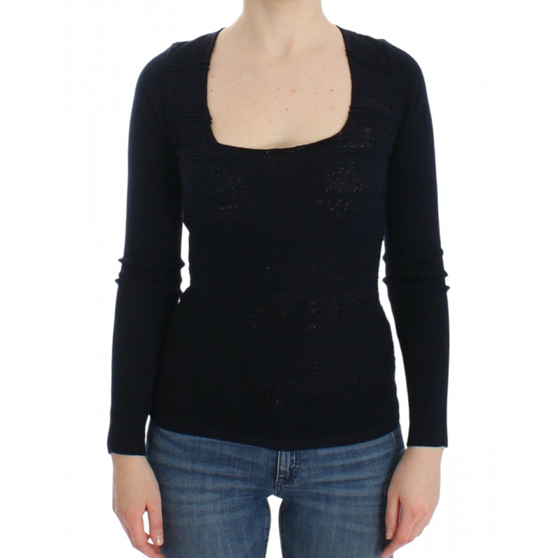 Top in maglione elasticizzato di lana lavorato a maglia blu - IT44 - M