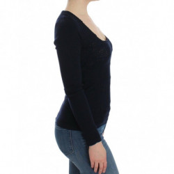 Top in maglione elasticizzato di lana lavorato a maglia blu - IT44 - M