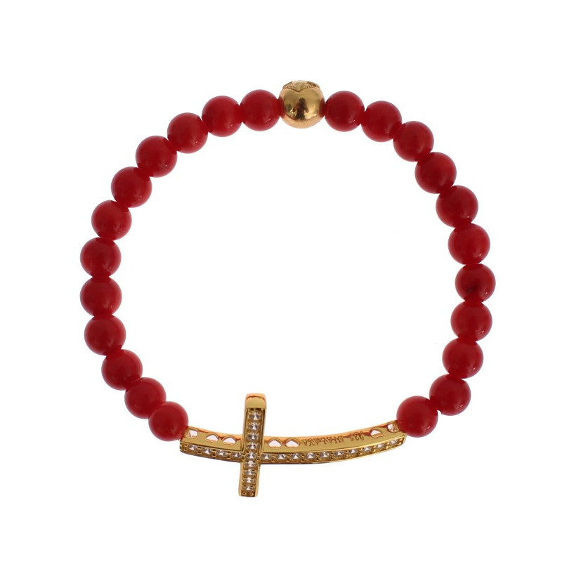 Bracciale in argento 925 con croce di corallo rosso oro CZ - L