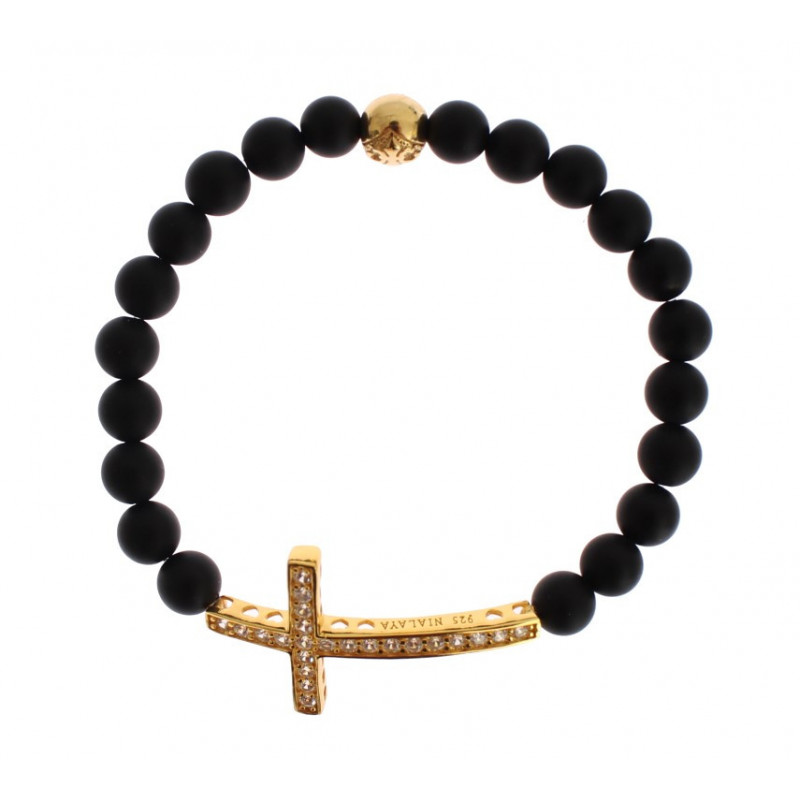 Bracciale in argento 925 con croce CZ dorata e pietra onice opaca - S