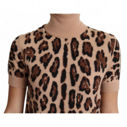 Top a collo alto con stampa leopardata in cashmere beige-IT42/M