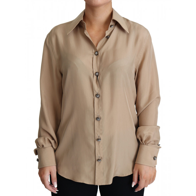 Camicia seta beige bottoni decorativi sulla parte superiore - IT38-XS