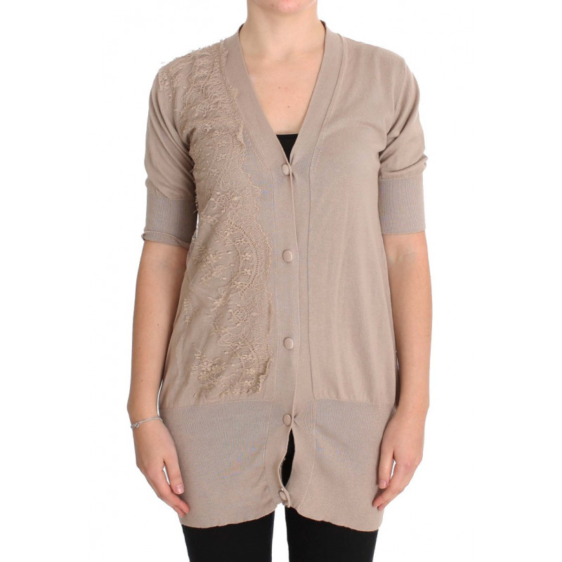 Maglione cardigan in cotone pizzo rosa - IT44-L