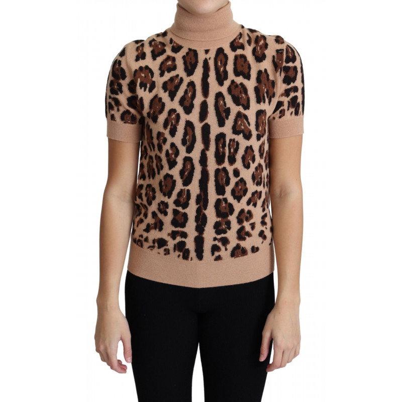 Top dolcevita in lana vergine con stampa leopardata beige - IT42-M