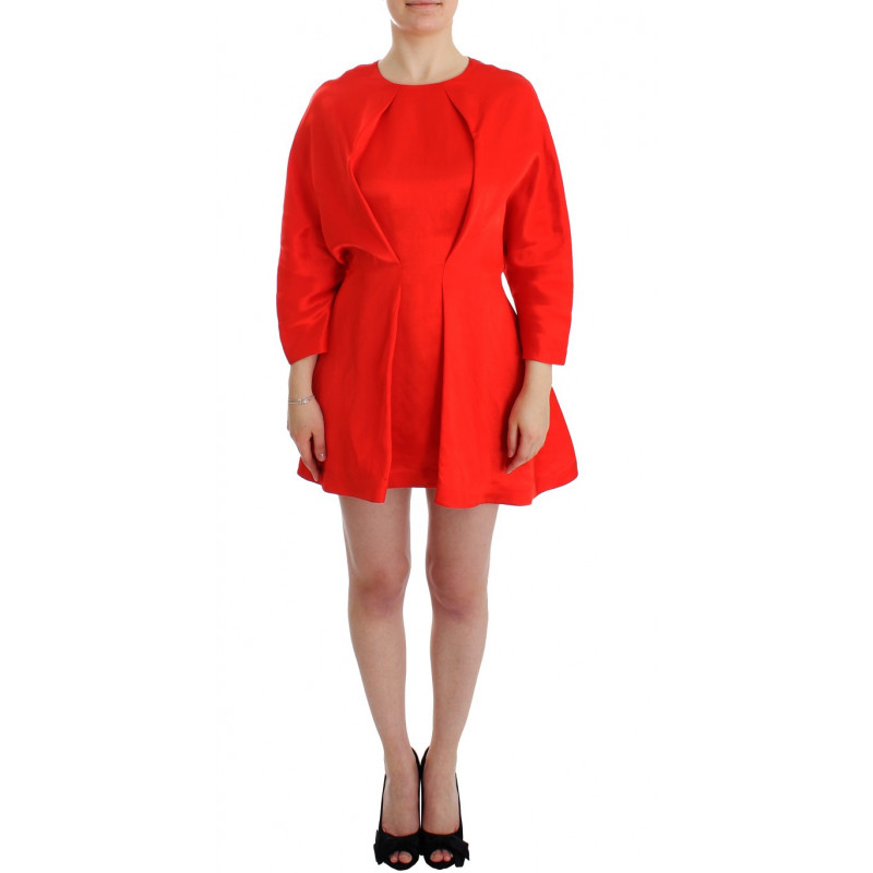 Abito tubino rosso con maniche a 3/4 in lino mini - S