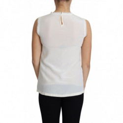 Top senza maniche camicetta bianca bordi pizzo seta - IT38-XS