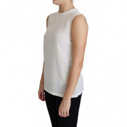 Top senza maniche camicetta bianca bordi pizzo seta - IT38-XS