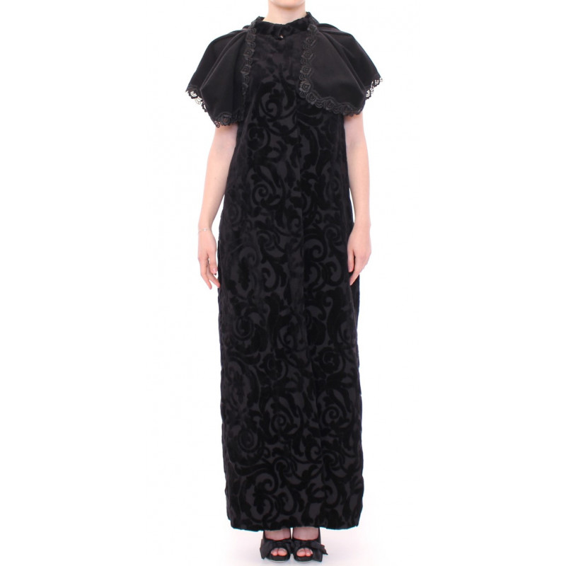Giacca a mantella lunga in broccato di cotone nero - ONE SIZE