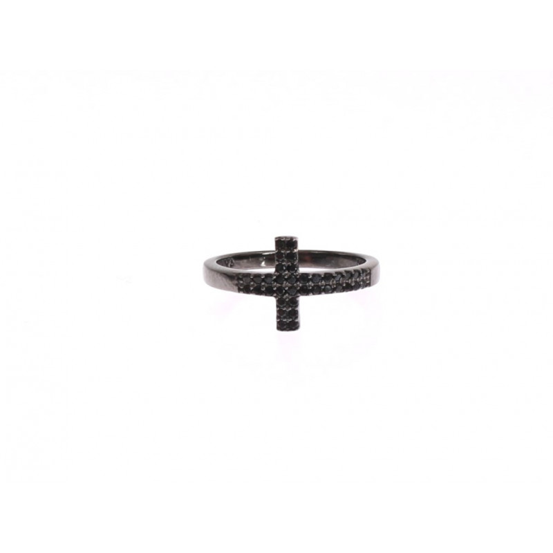 Anello in rodio 925 con croce nera CZ - EU52 - US6