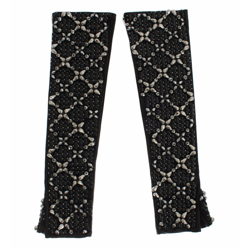 Guanti senza dita con perline di cristallo in pelle nera - 7-S