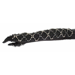 Guanti senza dita con perline di cristallo in pelle nera - 7-S