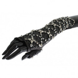 Guanti senza dita con perline di cristallo in pelle nera - 7-S