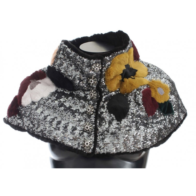 Avvolgente sciarpa spalla pelliccia donnola floreale paillettes arg