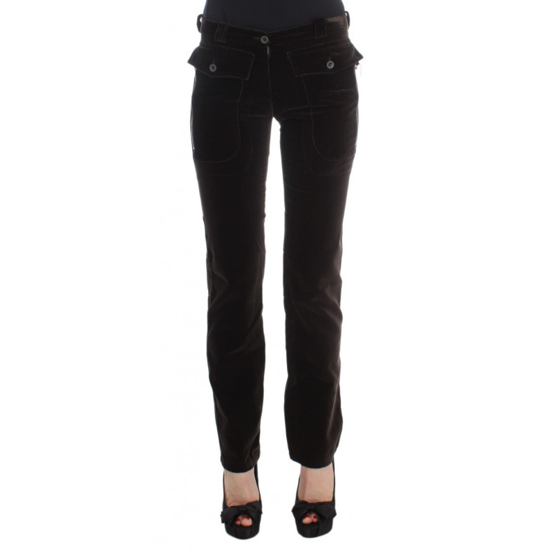 Pantaloni slim fit con cerniera in velluto di cotone marrone - IT40-S