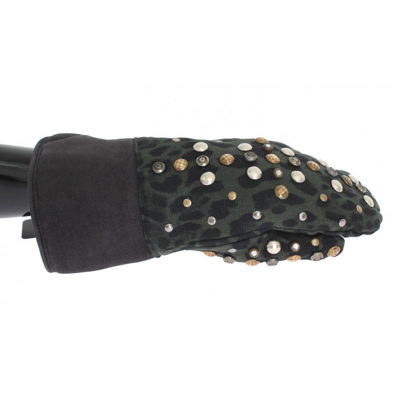 Guanti leopardati verdi con borchie in shearling di lana grigia - 9-M