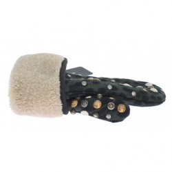 Guanti leopardati verdi con borchie in shearling di lana grigia - 9-M