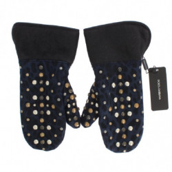 Guanti leopardati blu con borchie in lana grigia e shearling - 9-M