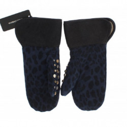 Guanti leopardati blu con borchie in lana grigia e shearling - 9-M