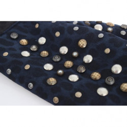 Guanti leopardati blu con borchie in lana grigia e shearling - 9-M