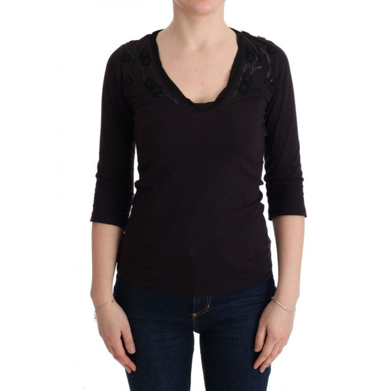 T-shirt viola in cotone con scollo a V - S