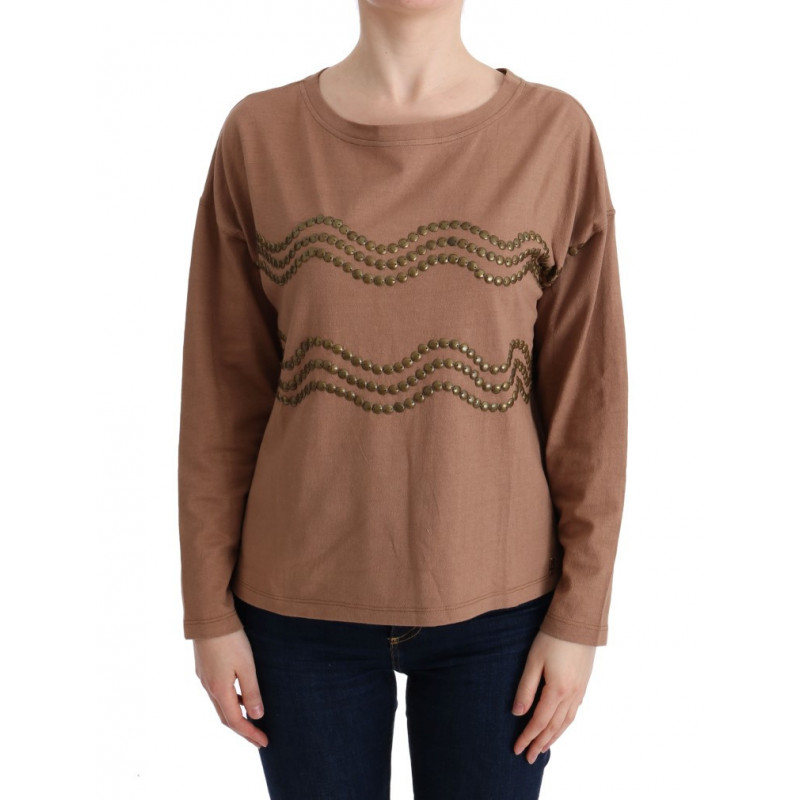 Maglione borchiato in cotone marrone - S