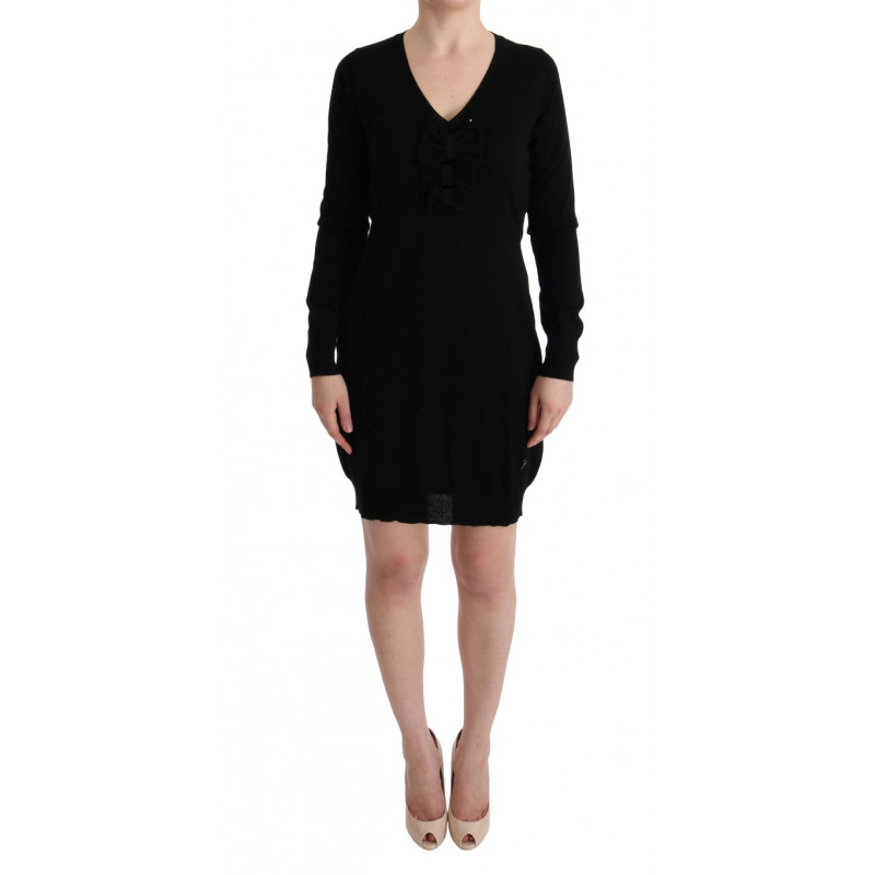 Abito a trapezio a maniche lunghe in lana nera - IT44-L