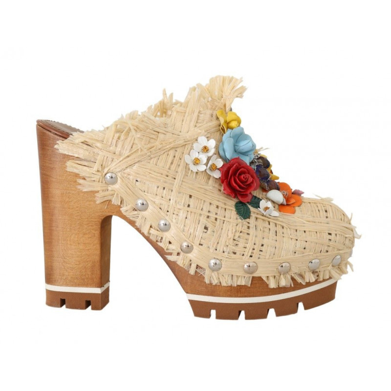 Ciabatte floreali in rafia beige - EU39/US8.5