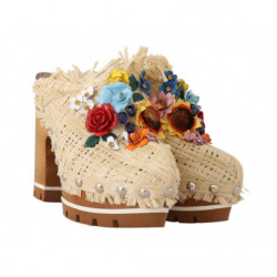 Ciabatte floreali in rafia beige - EU39/US8.5