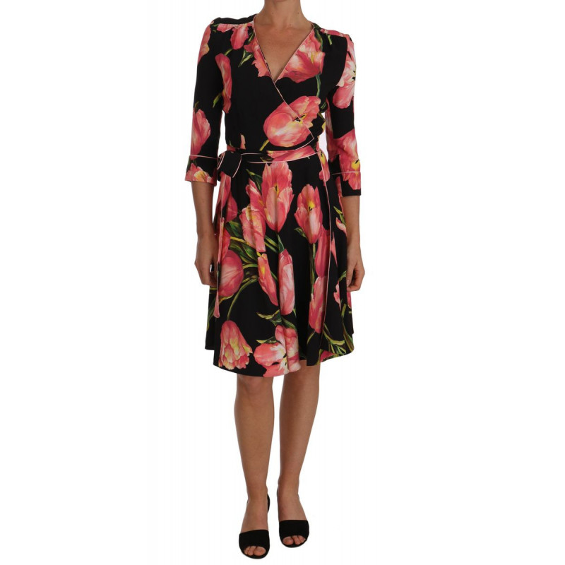 Abito a trapezio elasticizzato con stampa tulipano rosa nero - IT38-XS