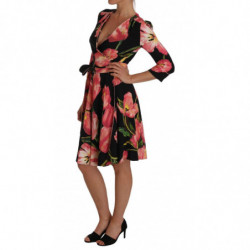 Abito a trapezio elasticizzato con stampa tulipano rosa nero - IT38-XS