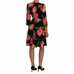 Abito a trapezio elasticizzato con stampa tulipano rosa nero - IT38-XS
