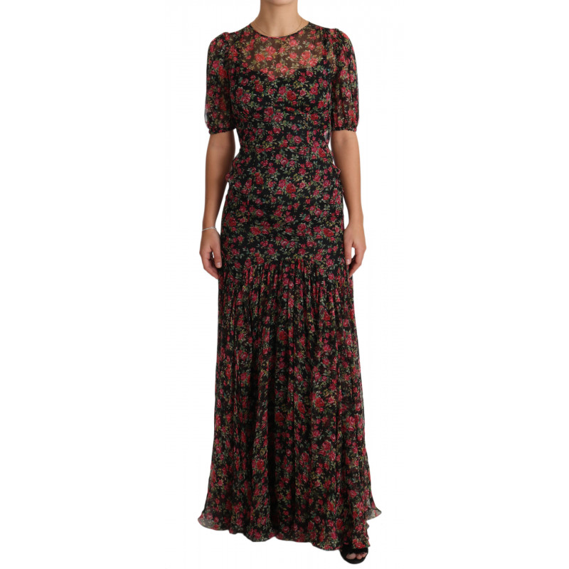 Abito a trapezio a trapezio con rose floreali nere - IT38-XS