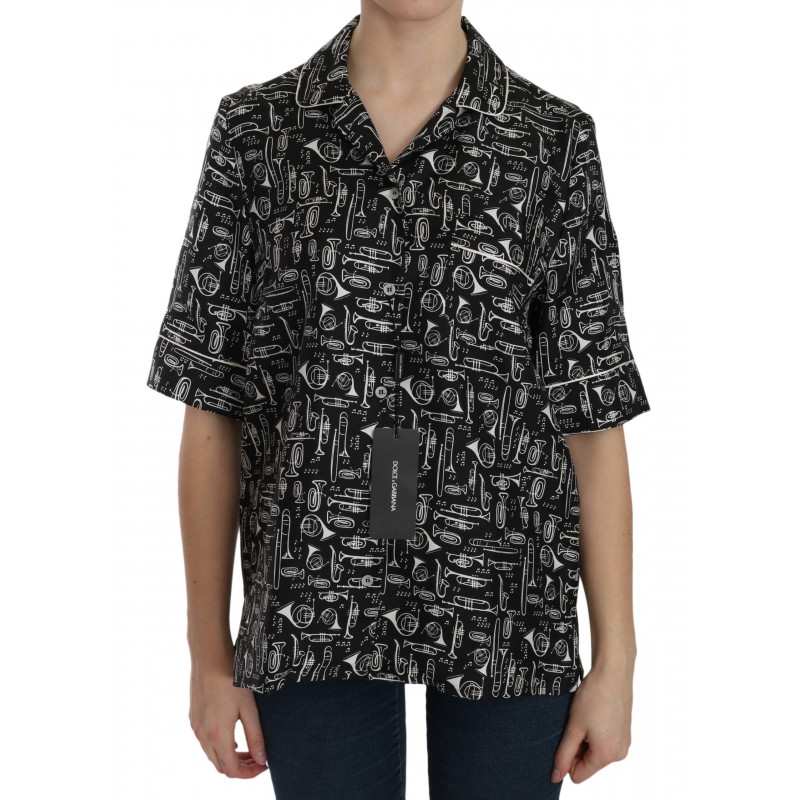 Top in seta nera con stampa di strumenti musicali - IT38 - S