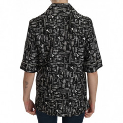 Top in seta nera con stampa di strumenti musicali - IT44-L