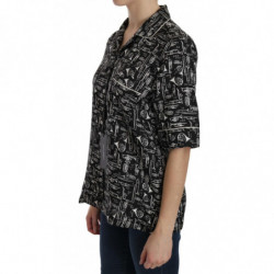 Top in seta nera con stampa di strumenti musicali - IT46-XL