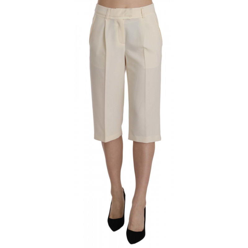 Pantaloni cropped dritti in cotone a vita media color crema - IT40-S