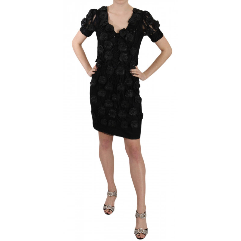 Abito tubino con fiori in pelle di seta nera - IT42-M