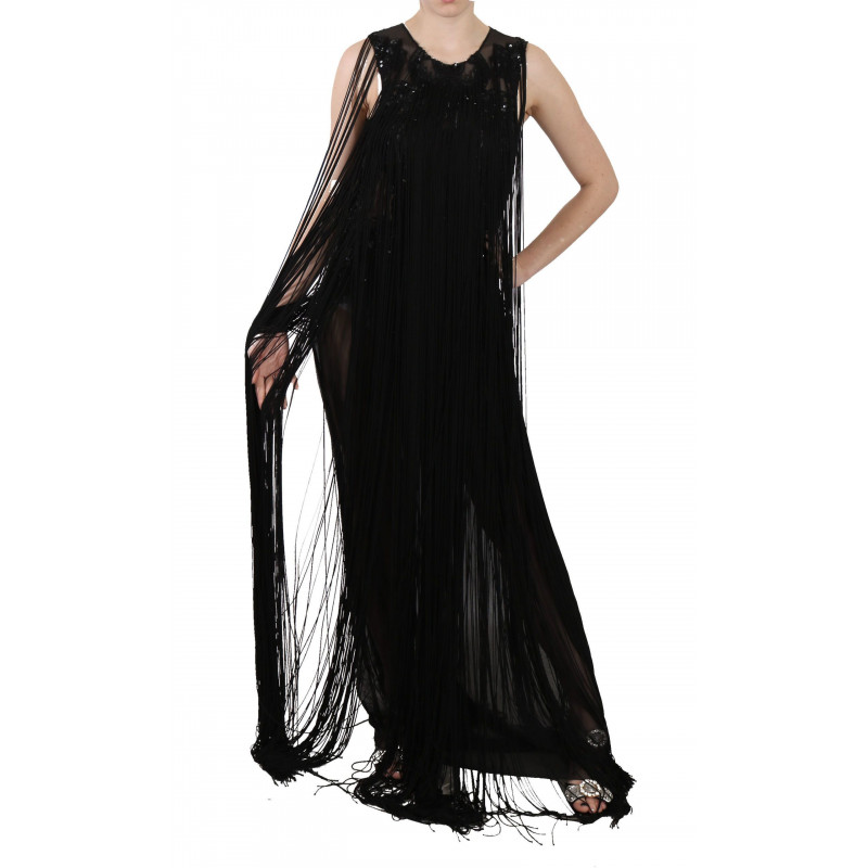 Abito trasparente con paillettes e perline di seta nera - IT42-M