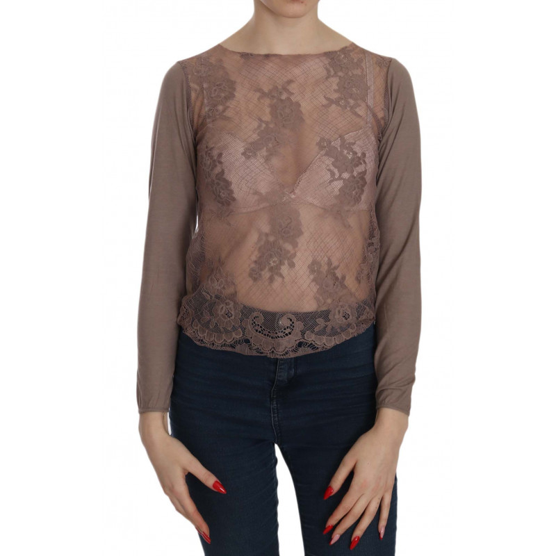 Top a maniche lunghe trasparente in pizzo marrone - IT40-S