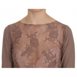 Top a maniche lunghe trasparente in pizzo marrone - IT40-S