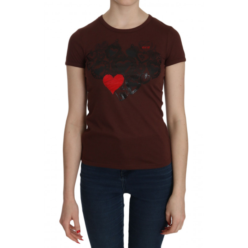 Camicetta maniche corte T-shirt girocollo stampa cuore marrone - IT