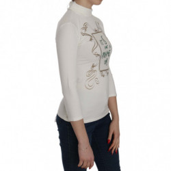 Camicetta cotone maniche 3/4 collo alto stampato bianco - IT42-M