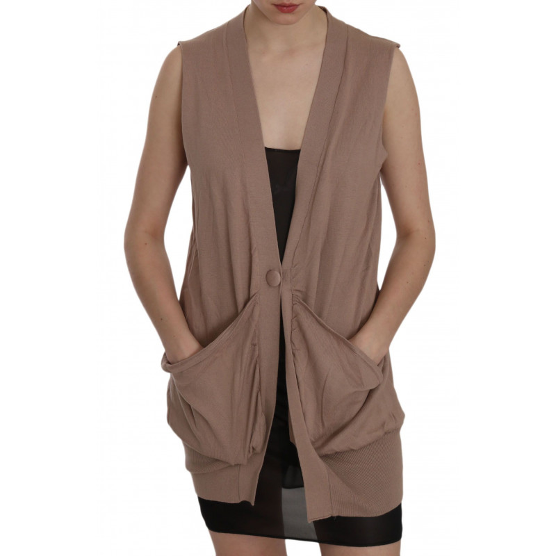 Gilet cardigan senza maniche in cotone marrone 100%. - IT42-M