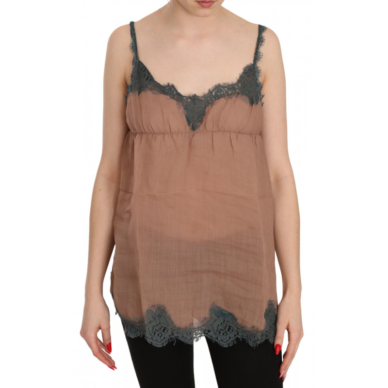 Camicetta canotta pizzo marrone cinturino spaghetti - IT42-M